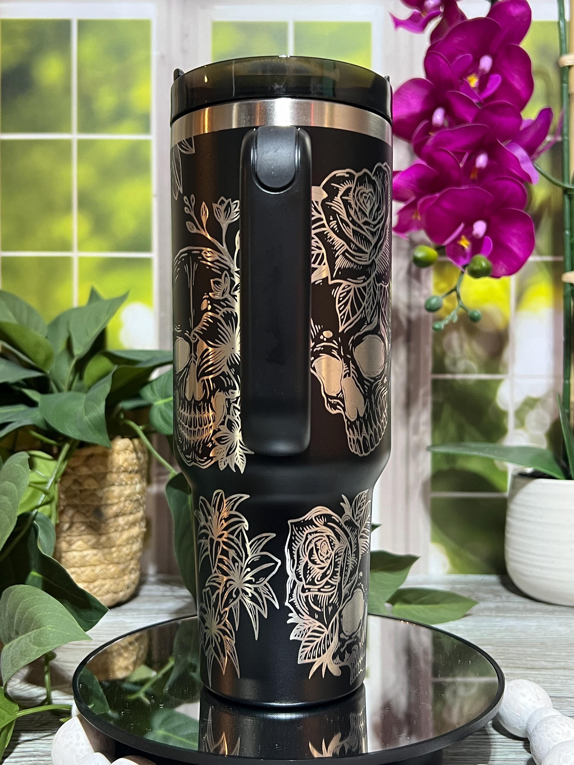 Skulls and Roses Tumbler Wrap SVG | 40oz Laser Engraving File | Rotary Engrave Digital Design | Floral SVG Design