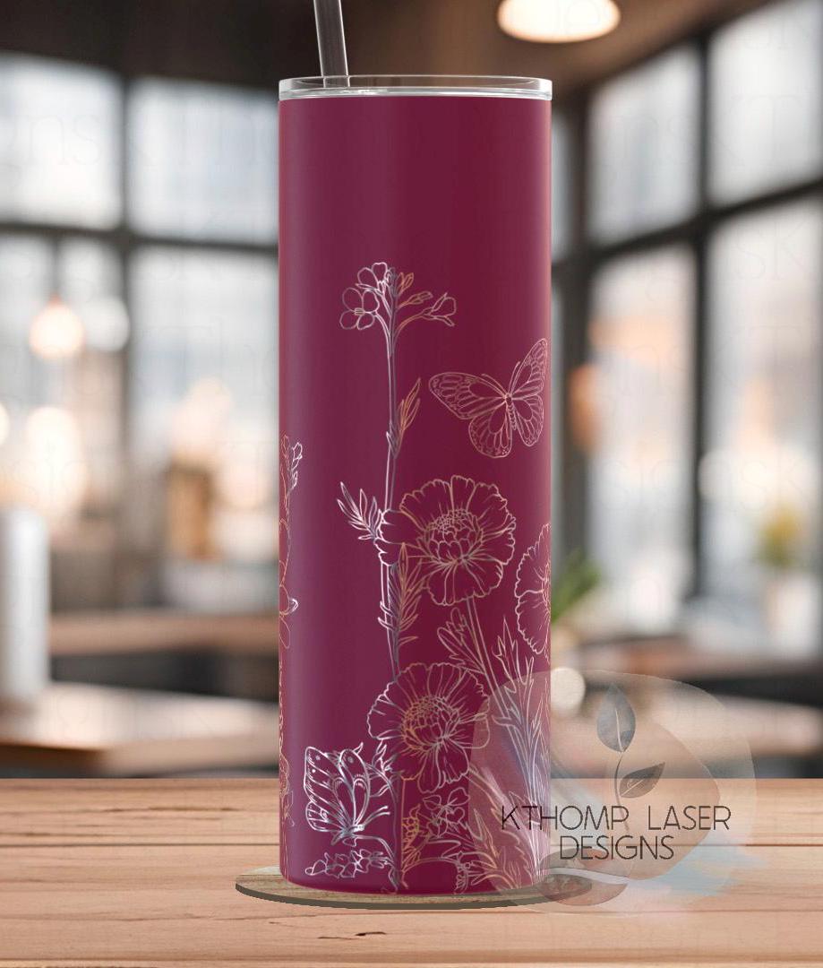 Butterflies and Blooms Tumbler Wrap SVG | 20oz Skinny Laser Engraving File | Rotary Engrave Digital Design | Floral SVG Design