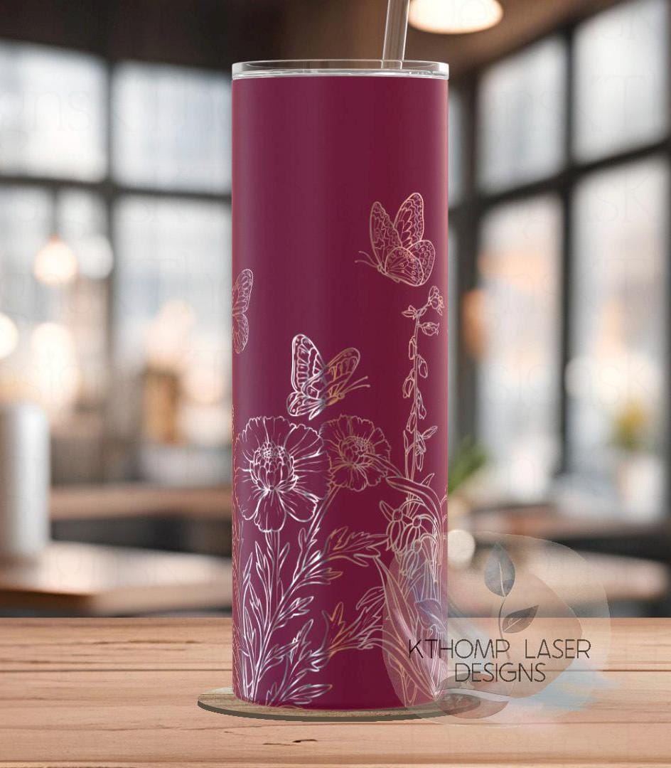Butterflies and Blooms Tumbler Wrap SVG | 20oz Skinny Laser Engraving File | Rotary Engrave Digital Design | Floral SVG Design