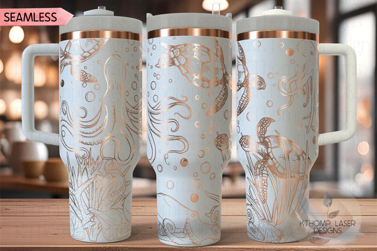 Octopus and Turtles Tumbler Wrap SVG | 40oz Laser Engraving File | Rotary Ready Digital Design | Ocean Nautical SVG