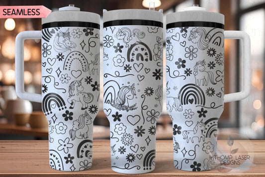 Unicorns & Rainbows Doodles Tumbler Wrap SVG | 40oz Laser Engraving File | Rotary Ready Digital Design | Fantasy Magic SVG