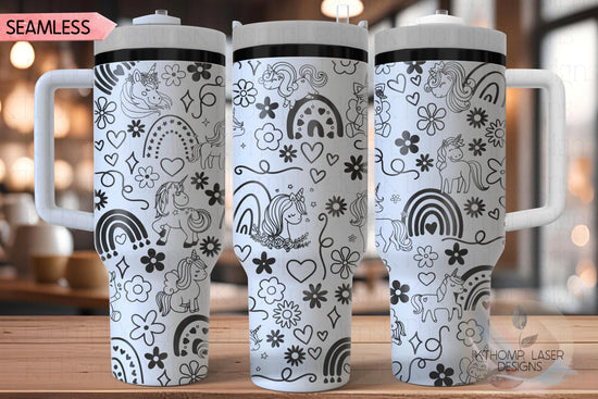 Unicorns & Rainbows Doodles Tumbler Wrap SVG | 40oz Laser Engraving File | Rotary Ready Digital Design | Fantasy Magic SVG