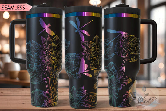 Dragonflies and Lotus Flowers Tumbler Wrap SVG | 40oz Laser Engraving File | Rotary Ready Digital Design | Jungle Theme SVG
