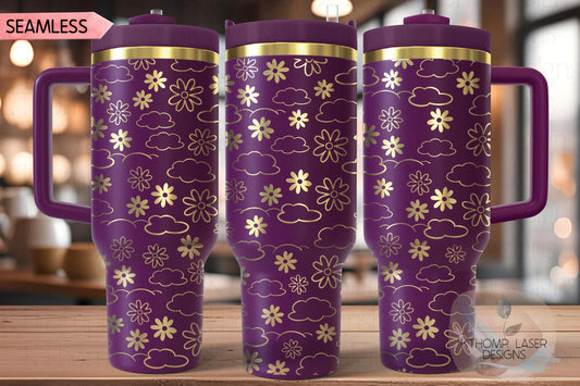 Daisies and Cloud Doodles Tumbler Wrap SVG | 40oz Laser Engraving File | Rotary Engrave Digital Design | Floral SVG Design