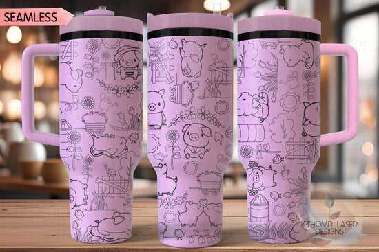Pig Doodles Farm Cute Pigs Tumbler Wrap SVG | 40oz Laser Engraving File | Rotary Ready Digital Design | Western Farm SVG