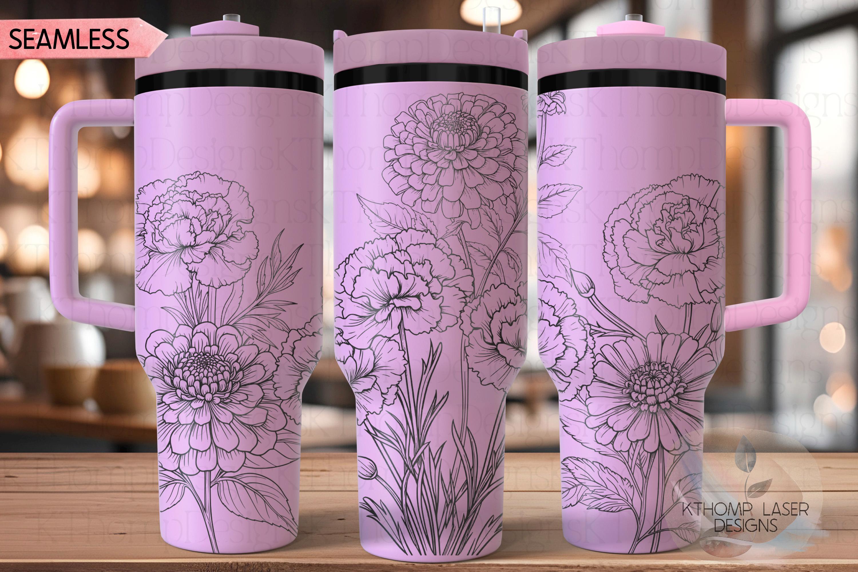 Zinnia & Carnations Floral Tumbler Wrap SVG | 40oz Laser Engraving File | Rotary Engrave Digital Design | Floral SVG Design