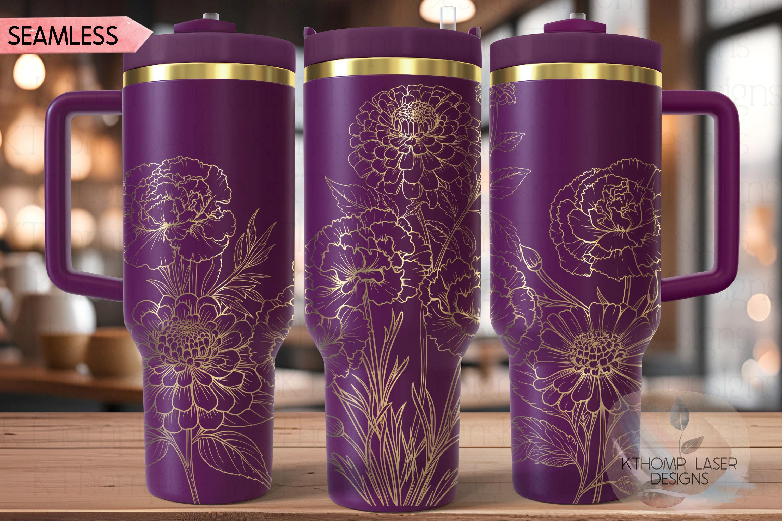 Zinnia & Carnations Floral Tumbler Wrap SVG | 40oz Laser Engraving File | Rotary Engrave Digital Design | Floral SVG Design