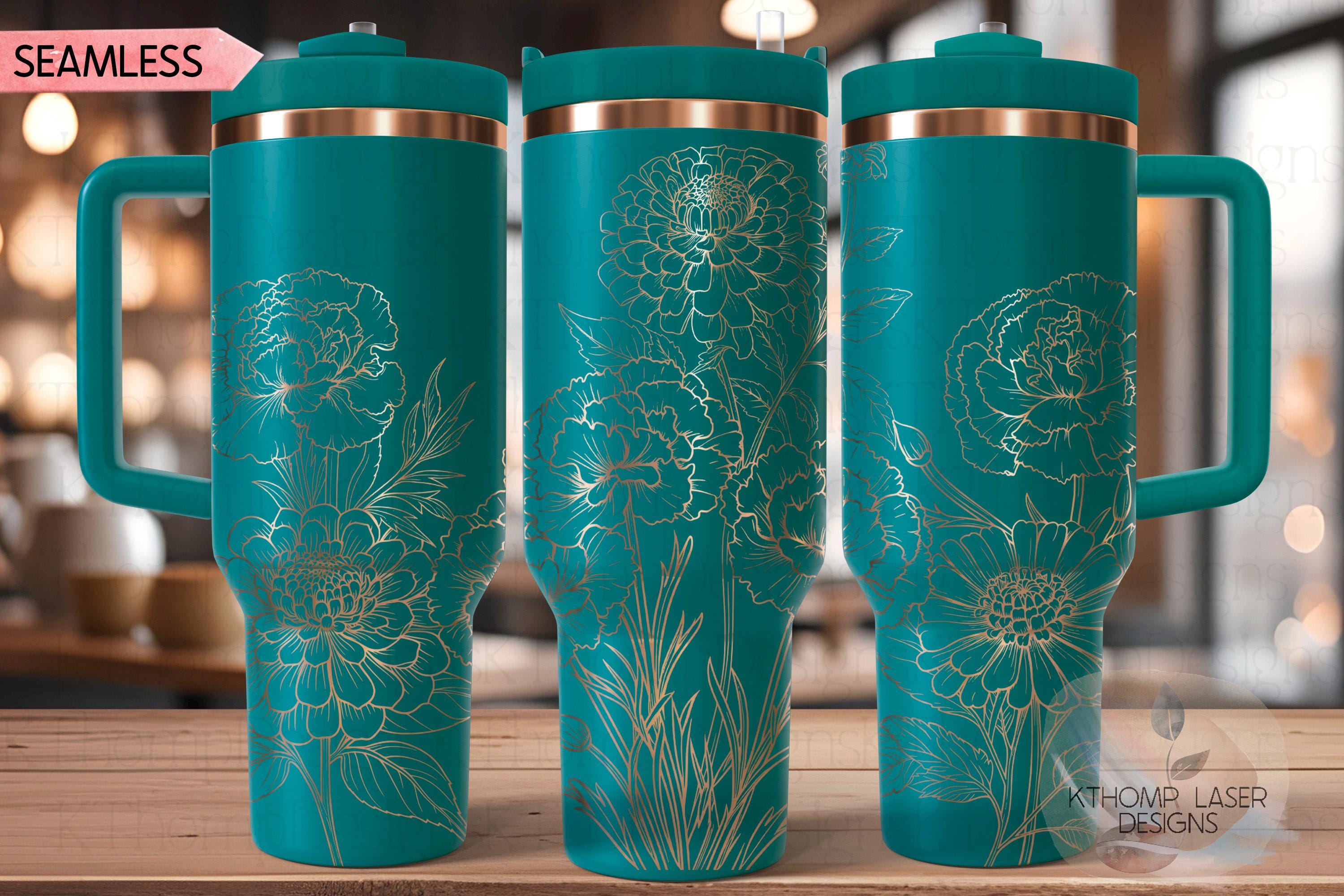 Zinnia & Carnations Floral Tumbler Wrap SVG | 40oz Laser Engraving File | Rotary Engrave Digital Design | Floral SVG Design