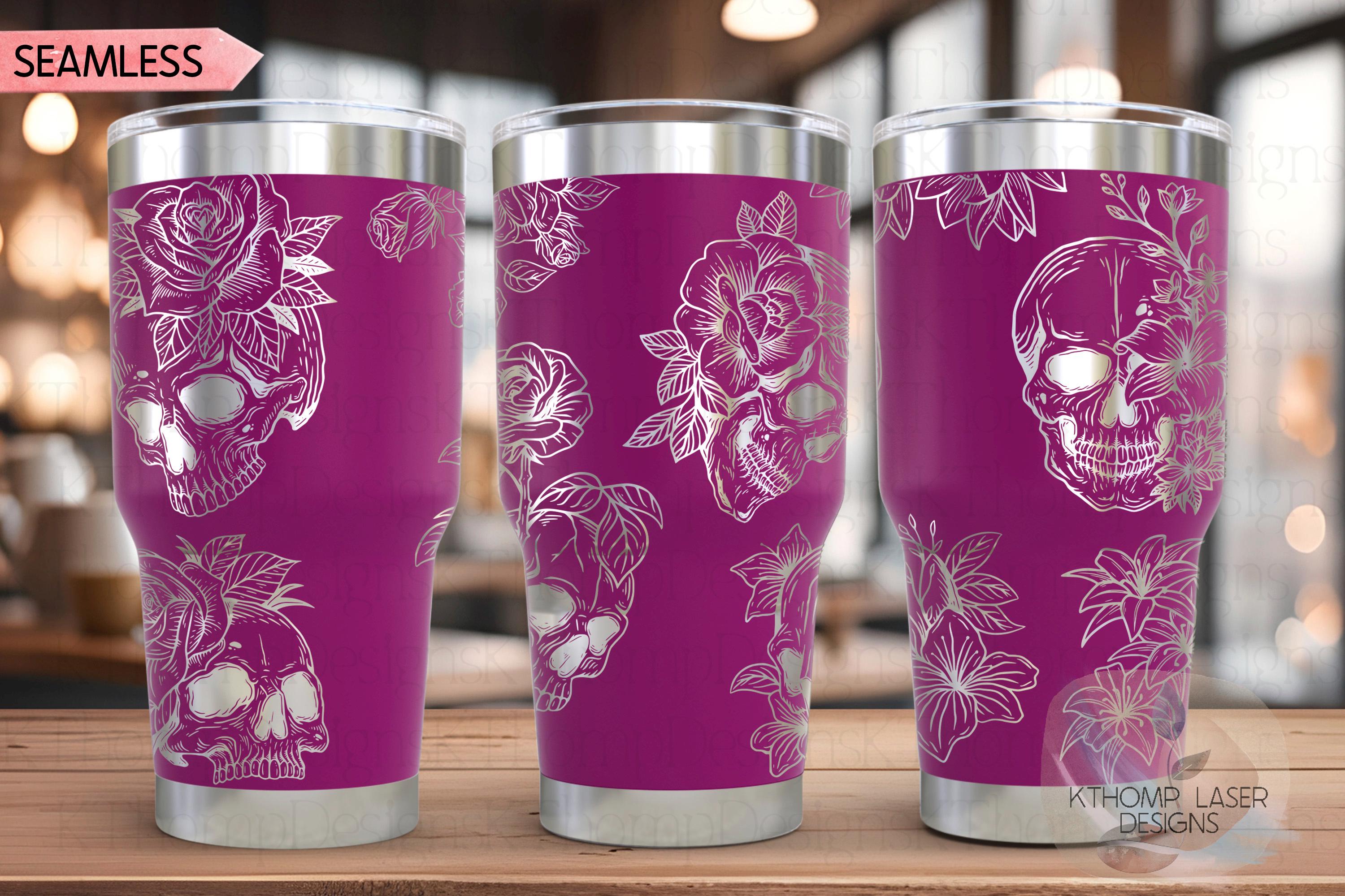 Skulls and Roses Tumbler Wrap SVG | 20oz and 30oz Laser Engraving File | Rotary Engrave Digital Design | Floral SVG Design