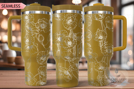 Poppies Tumbler Wrap SVG | 40oz Laser Engraving File | Rotary Engrave Digital Design | Floral SVG Design