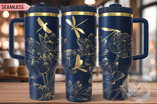 Dragonflies and Lotus Flowers Tumbler Wrap SVG | 40oz Laser Engraving File | Rotary Ready Digital Design | Jungle Theme SVG