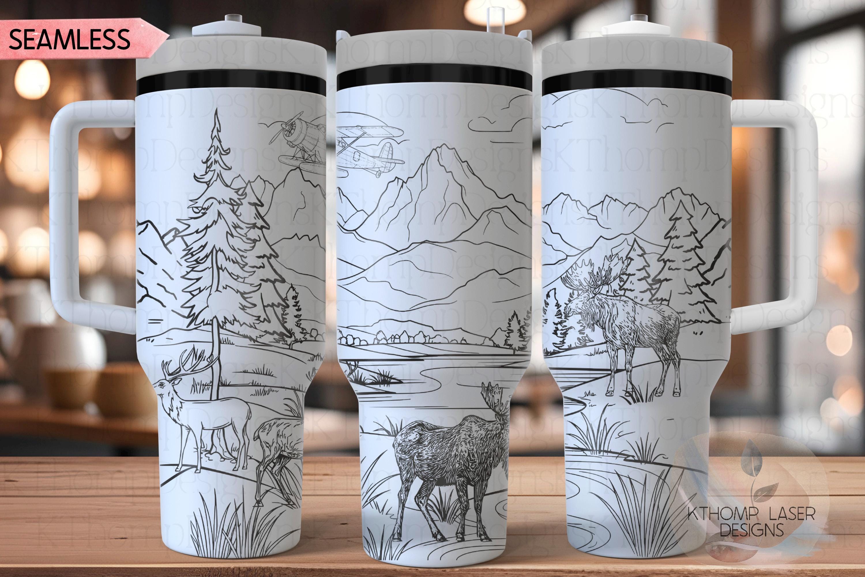 Moose Deer Mountains Seaplane Tumbler Wrap SVG | 40oz Laser Engraving File | Rotary Ready Digital Design | Exotic Animal SVG