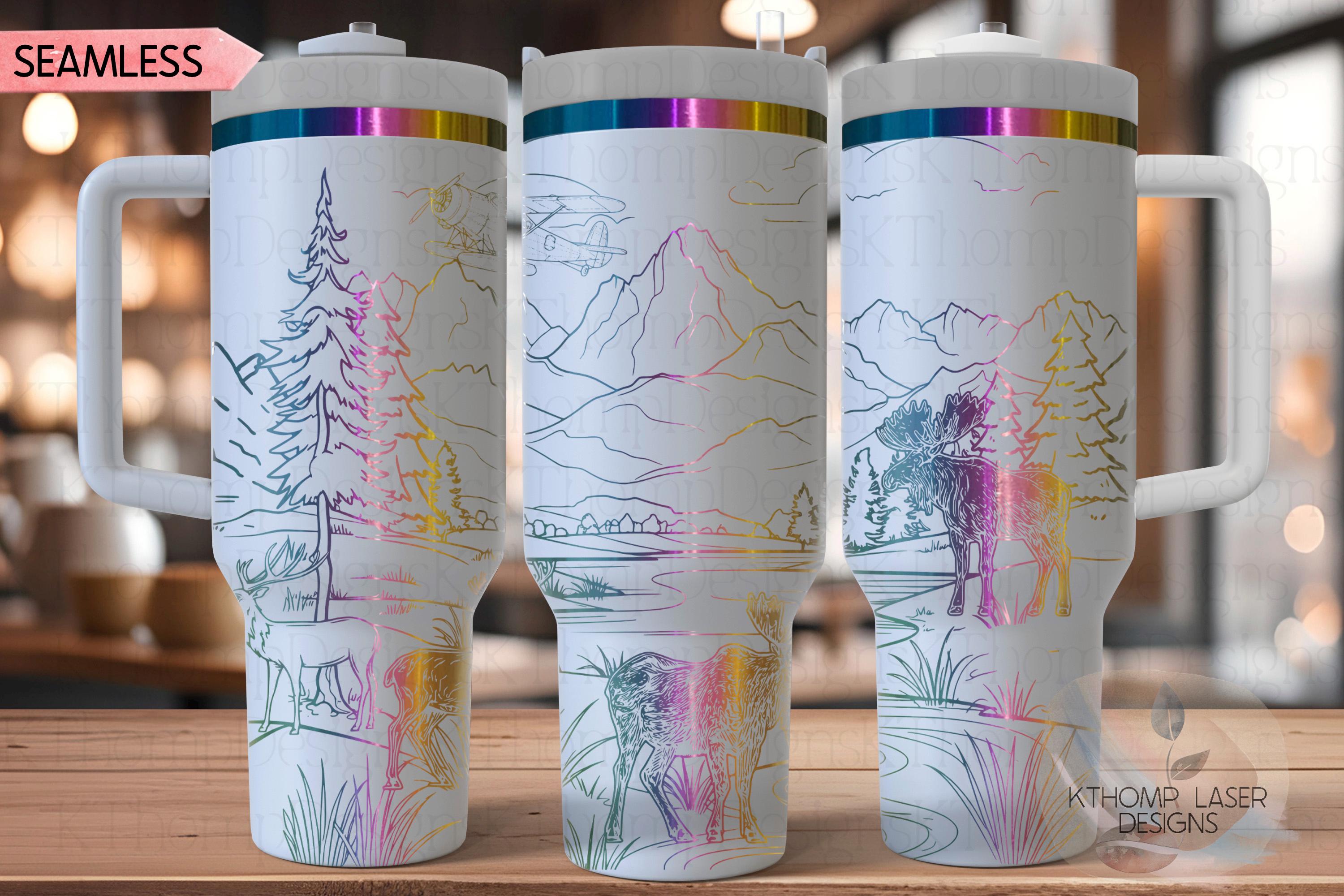 Moose Deer Mountains Seaplane Tumbler Wrap SVG | 40oz Laser Engraving File | Rotary Ready Digital Design | Exotic Animal SVG