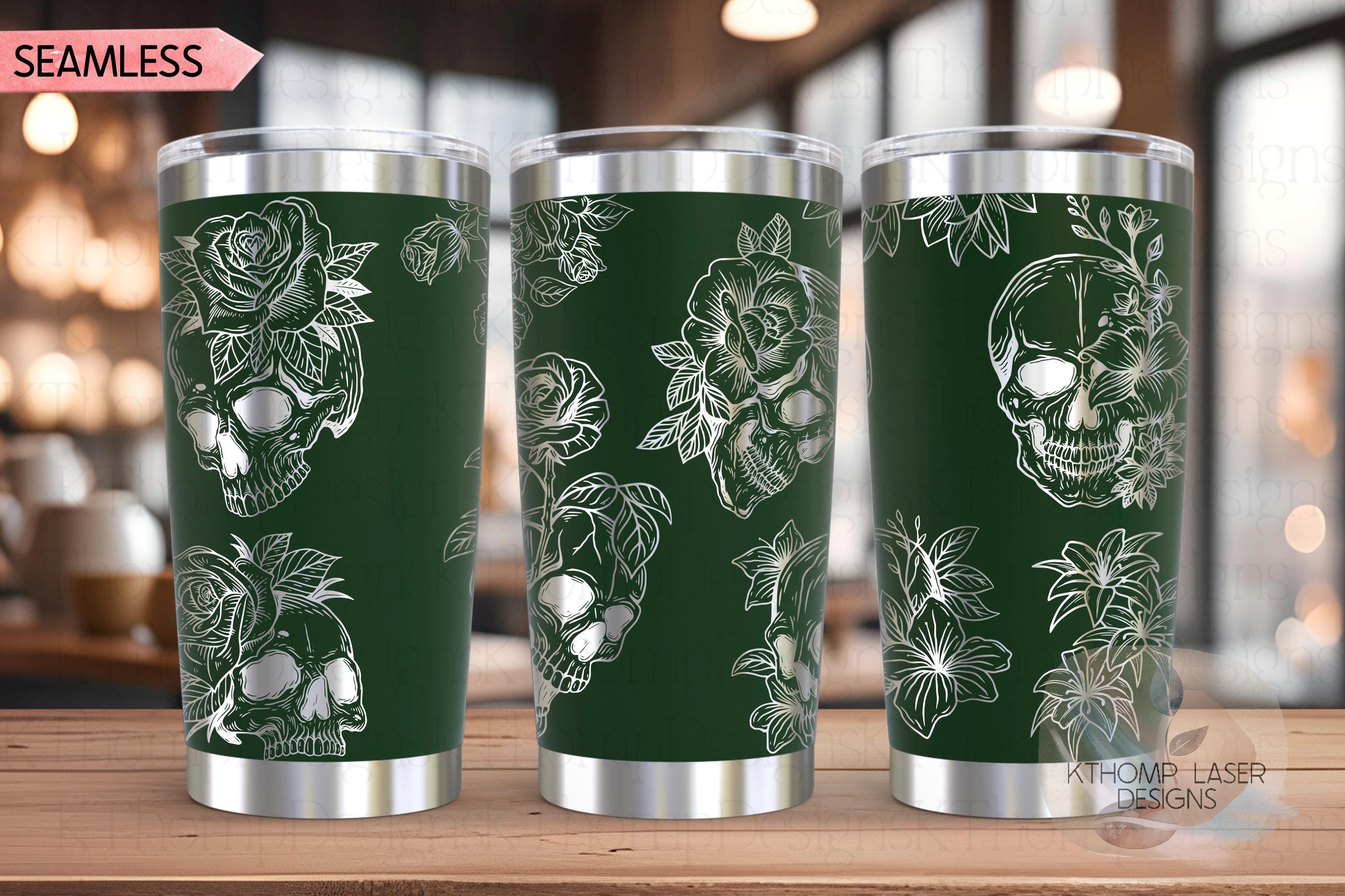 Skulls and Roses Tumbler Wrap SVG | 20oz and 30oz Laser Engraving File | Rotary Engrave Digital Design | Floral SVG Design
