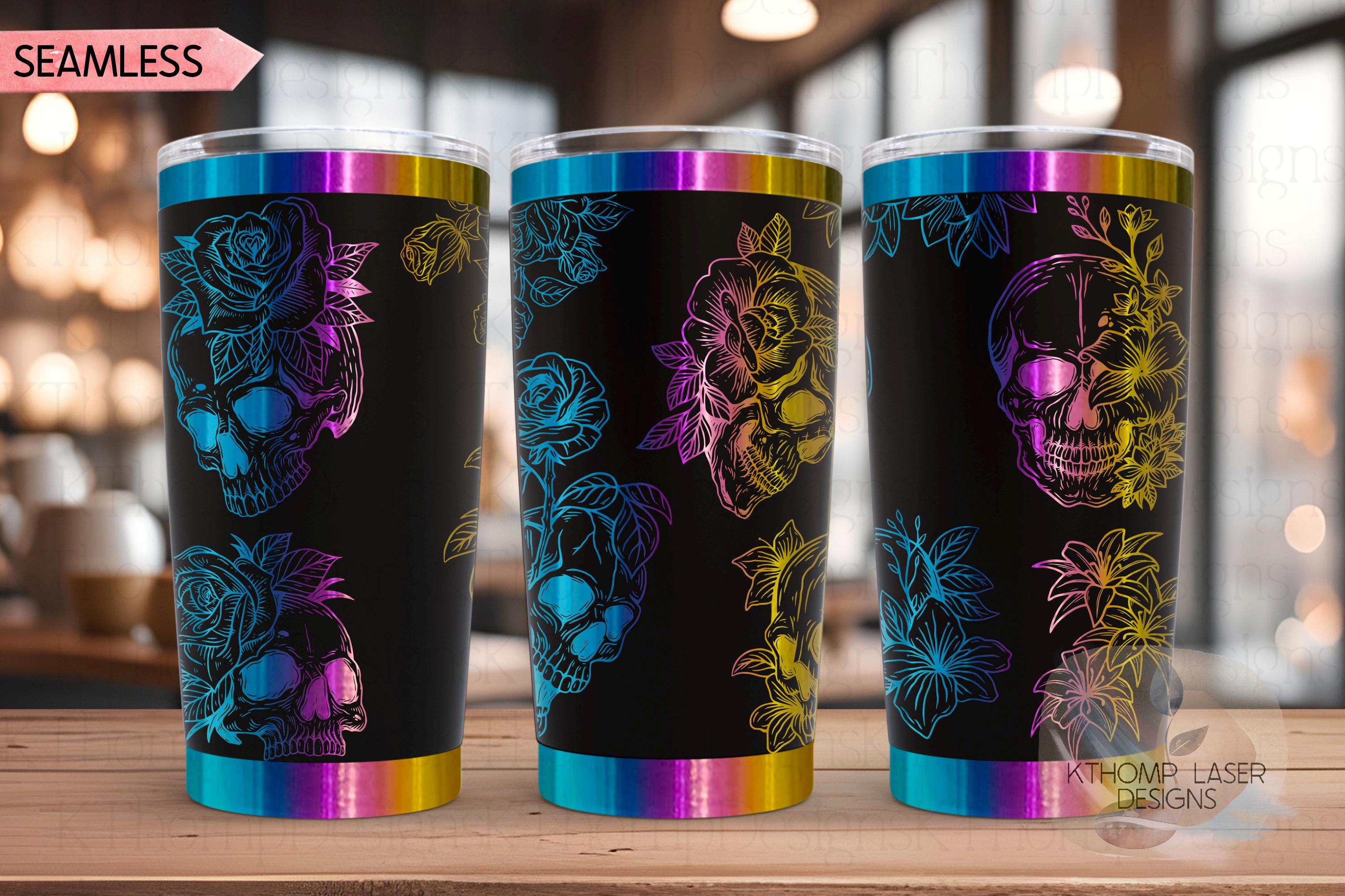 Skulls and Roses Tumbler Wrap SVG | 20oz and 30oz Laser Engraving File | Rotary Engrave Digital Design | Floral SVG Design