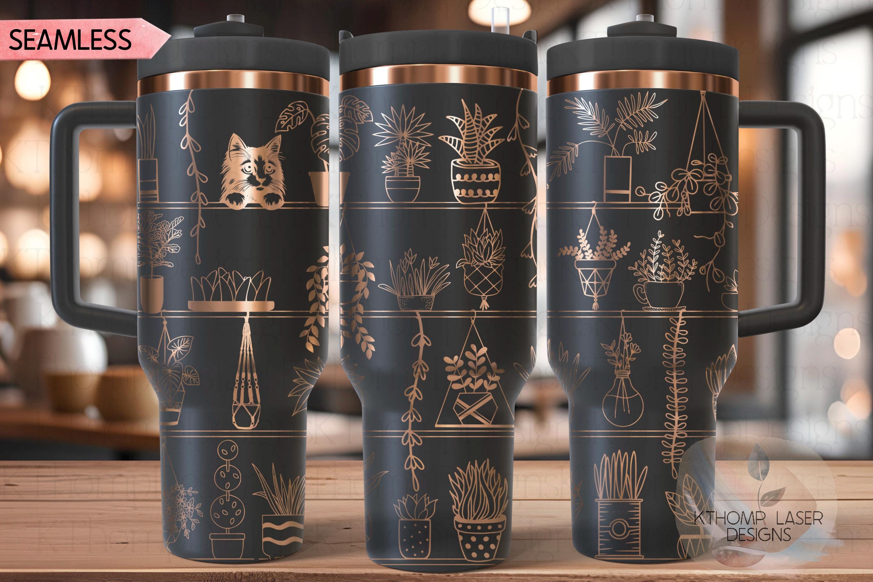 Plant Shelves with Peeking Cat Tumbler Wrap SVG | 40oz Laser Engraving File | Rotary Engrave Digital Design | Floral SVG Design