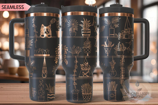 Plant Shelves with Peeking Cat Tumbler Wrap SVG | 40oz Laser Engraving File | Rotary Engrave Digital Design | Floral SVG Design