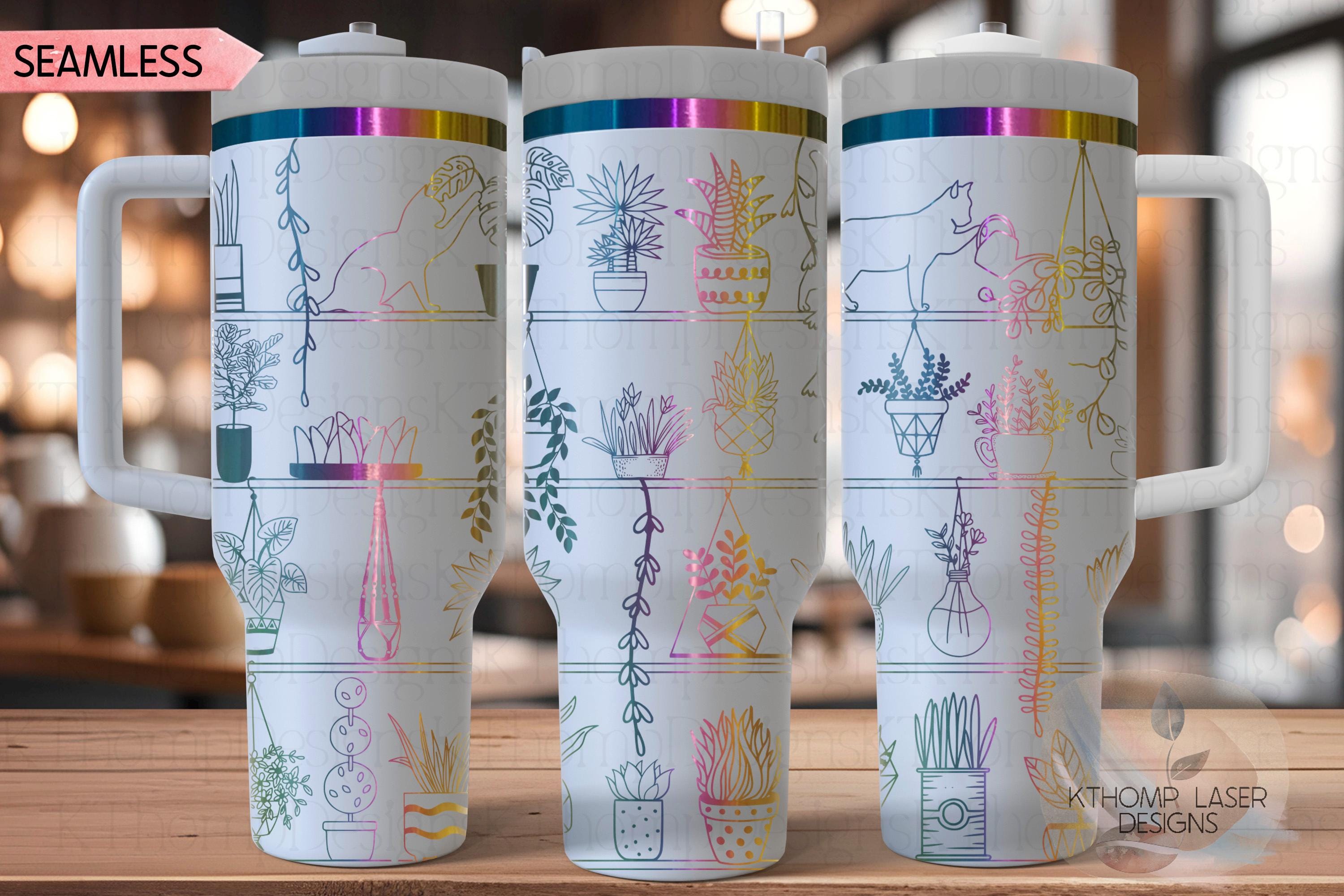 Plant Shelves with Cat Silhouettes Tumbler Wrap SVG | 40oz Laser Engraving File | Rotary Engrave Digital Design | Floral SVG Design