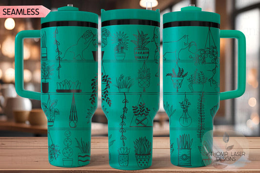 Plant Shelves with Cat Silhouettes Tumbler Wrap SVG | 40oz Laser Engraving File | Rotary Engrave Digital Design | Floral SVG Design