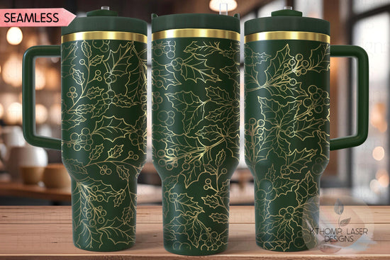 Holly Leaves Berries Holiday Tumbler Wrap SVG | 40oz Laser Engraving File | Rotary Ready Digital Design | Seasonal SVG