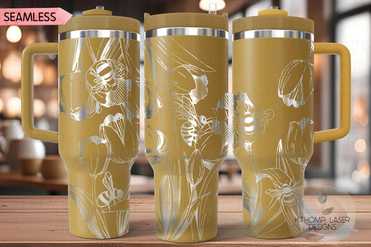 Tulips and Honey Bees Tumbler Wrap SVG | 40oz Laser Engraving File | Rotary Engrave Digital Design | Floral SVG Design