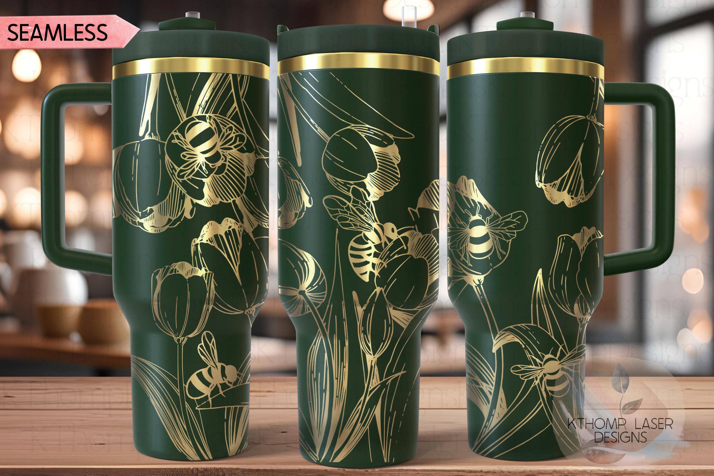 Tulips and Honey Bees Tumbler Wrap SVG | 40oz Laser Engraving File | Rotary Engrave Digital Design | Floral SVG Design