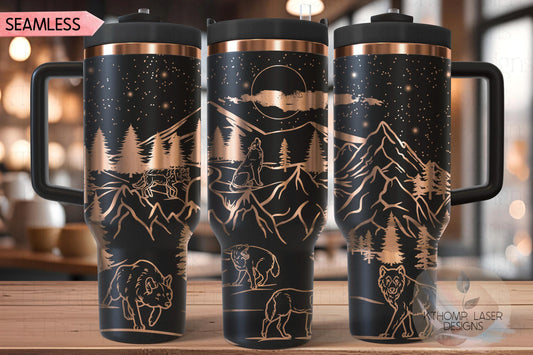 Wolves Mountain Scene Tumbler Wrap SVG | 40oz Laser Engraving File | Rotary Ready Digital Design | Exotic Animal SVG