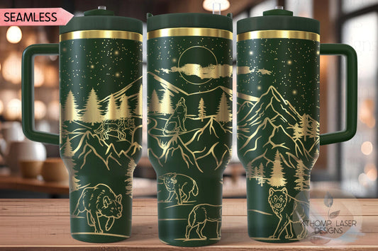 Wolves Mountain Scene Tumbler Wrap SVG | 40oz Laser Engraving File | Rotary Ready Digital Design | Exotic Animal SVG