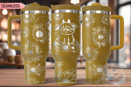 Highland Cow Floral Tumbler Wrap SVG | 40oz Laser Engraving File | Rotary Ready Digital Design | Western Farm SVG