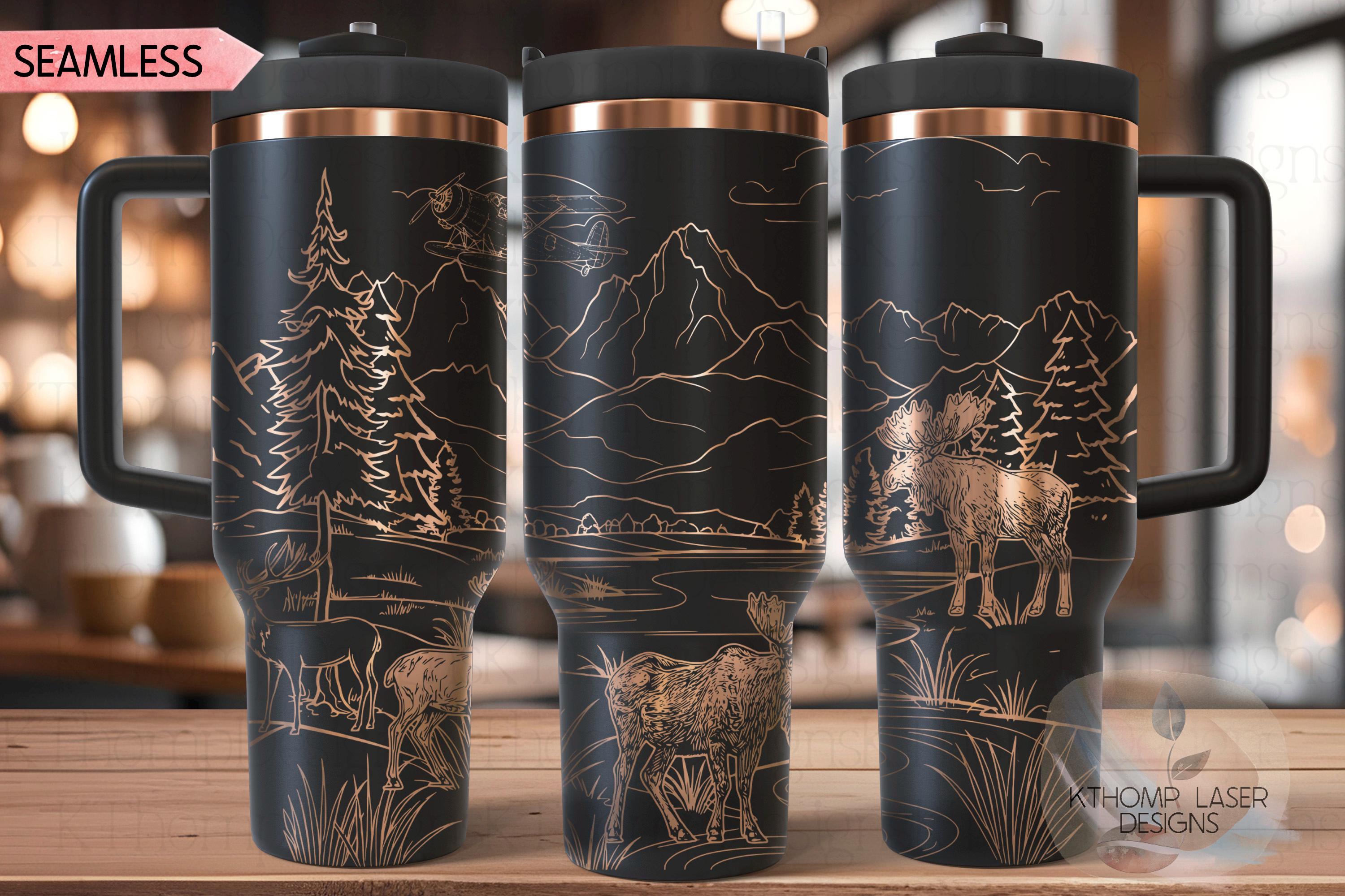 Moose Deer Mountains Seaplane Tumbler Wrap SVG | 40oz Laser Engraving File | Rotary Ready Digital Design | Exotic Animal SVG