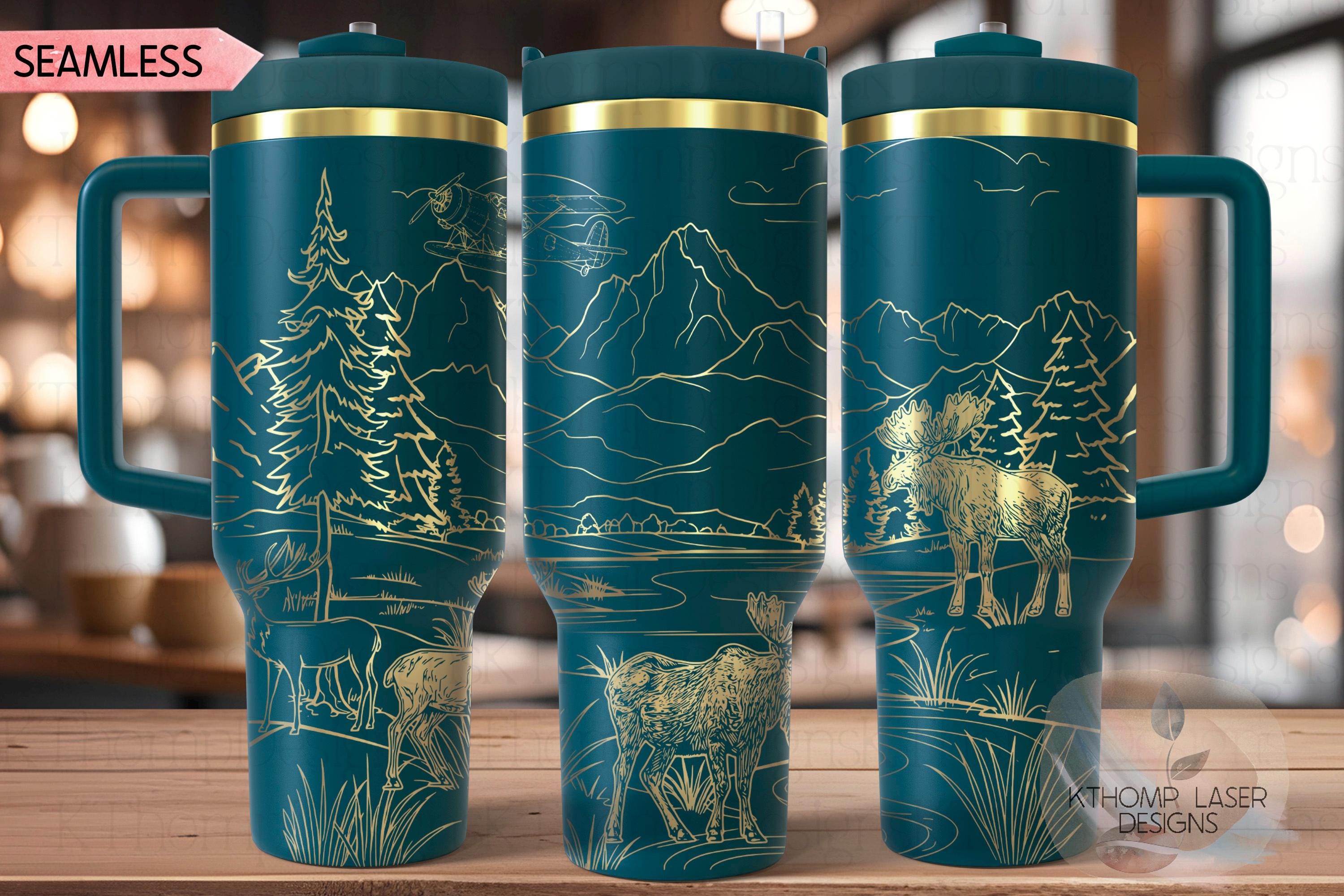 Moose Deer Mountains Seaplane Tumbler Wrap SVG | 40oz Laser Engraving File | Rotary Ready Digital Design | Exotic Animal SVG