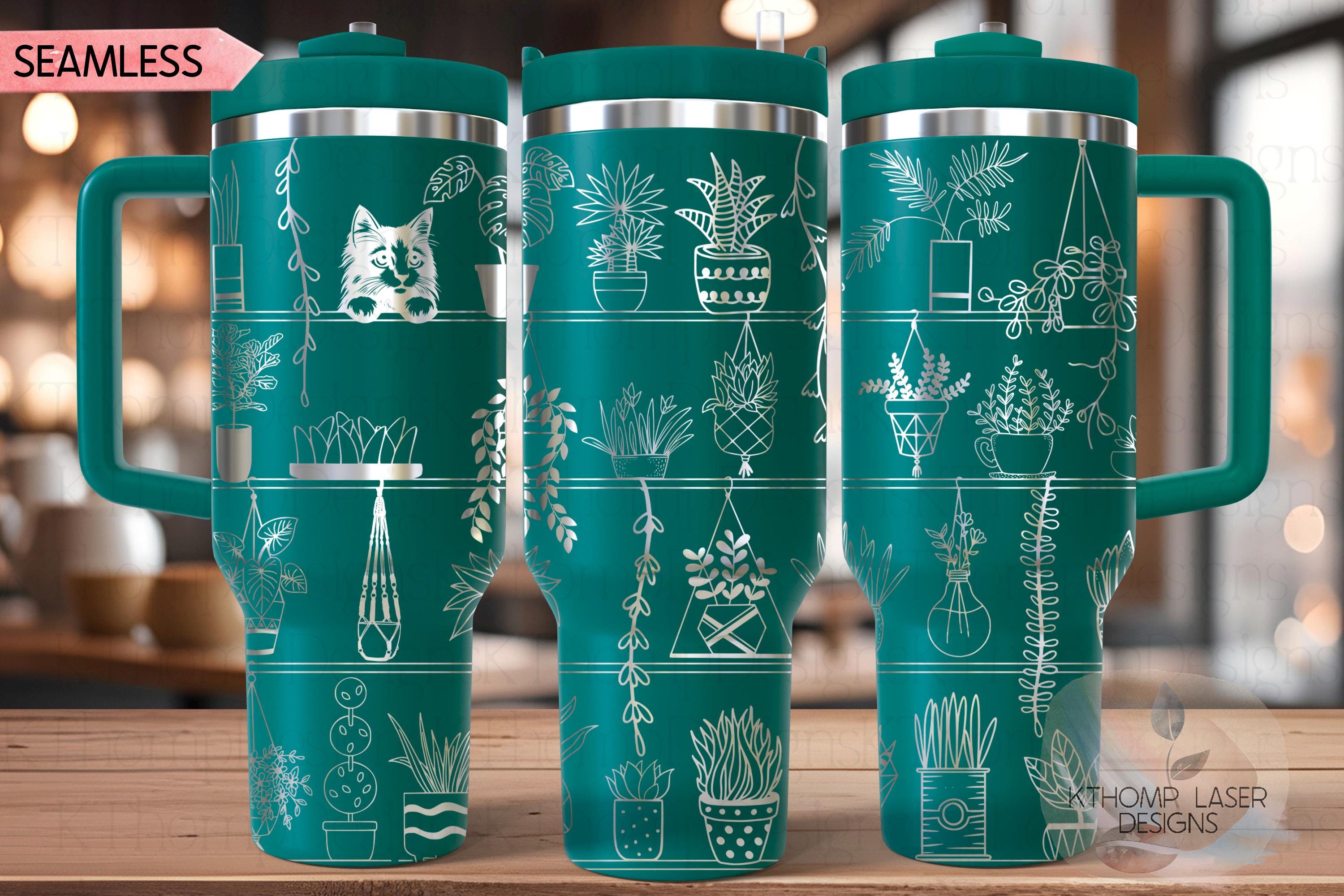 Plant Shelves with Peeking Cat Tumbler Wrap SVG | 40oz Laser Engraving File | Rotary Engrave Digital Design | Floral SVG Design