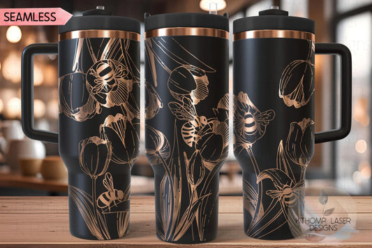 Tulips and Honey Bees Tumbler Wrap SVG | 40oz Laser Engraving File | Rotary Engrave Digital Design | Floral SVG Design