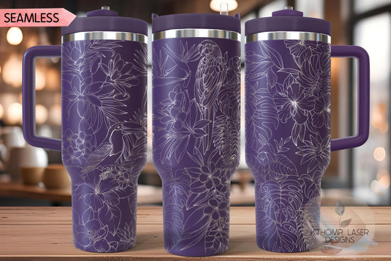 Tropical Plants and Birds Tumbler Wrap SVG | 40oz Laser Engraving File | Rotary Engrave Digital Design | Floral SVG Design