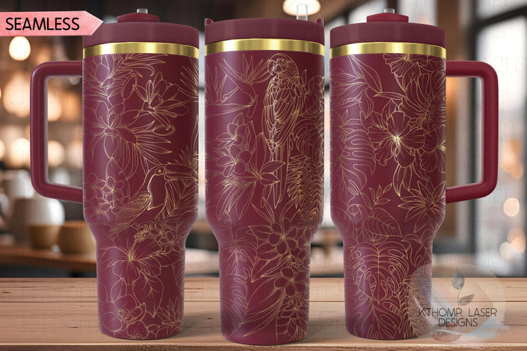 Tropical Plants and Birds Tumbler Wrap SVG | 40oz Laser Engraving File | Rotary Engrave Digital Design | Floral SVG Design