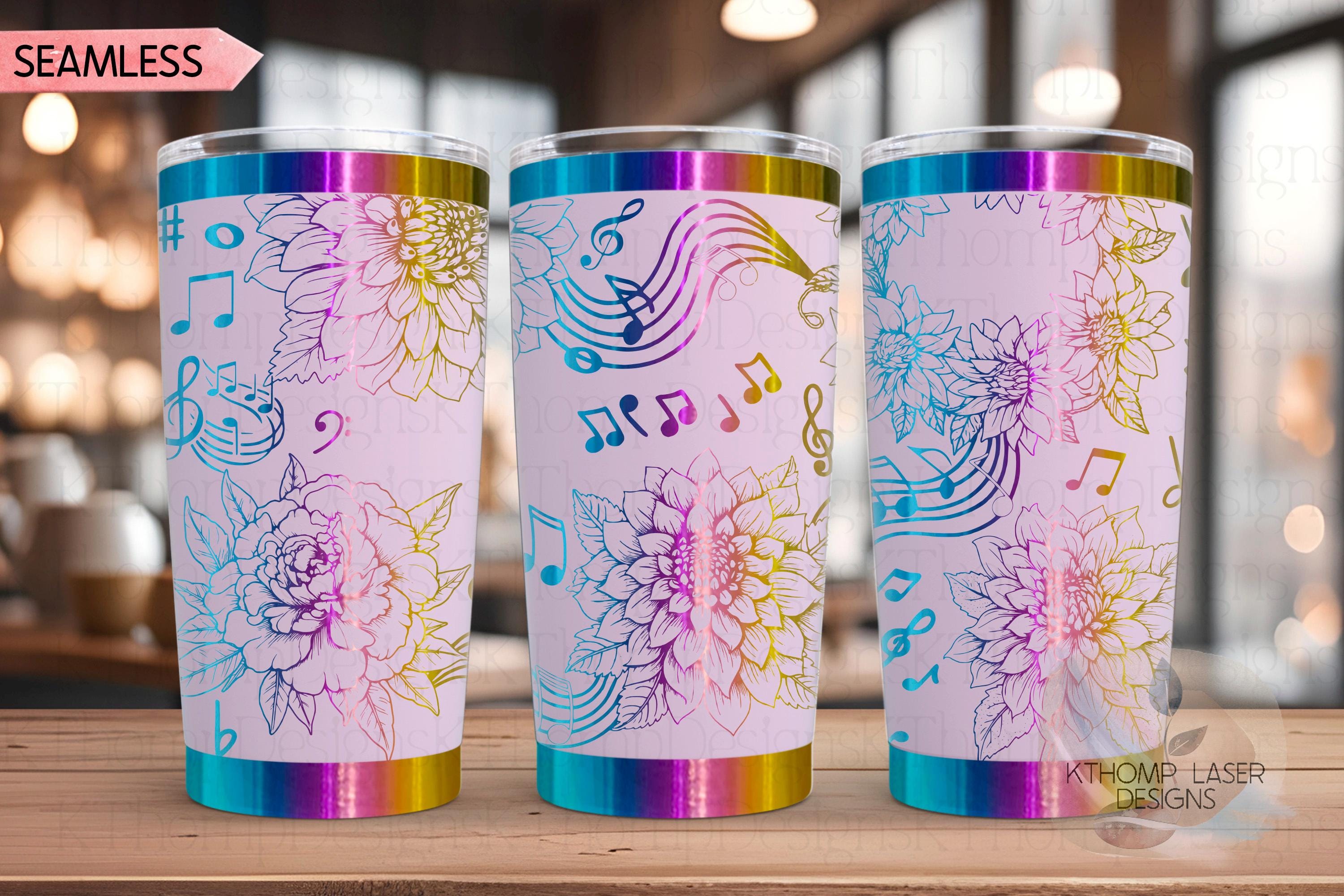 Floral Music Laser Engraved Wrap Design for 20oz & 30oz Tumblers, Digital Download, SVG For Laser Rotary, Seamless Wrap