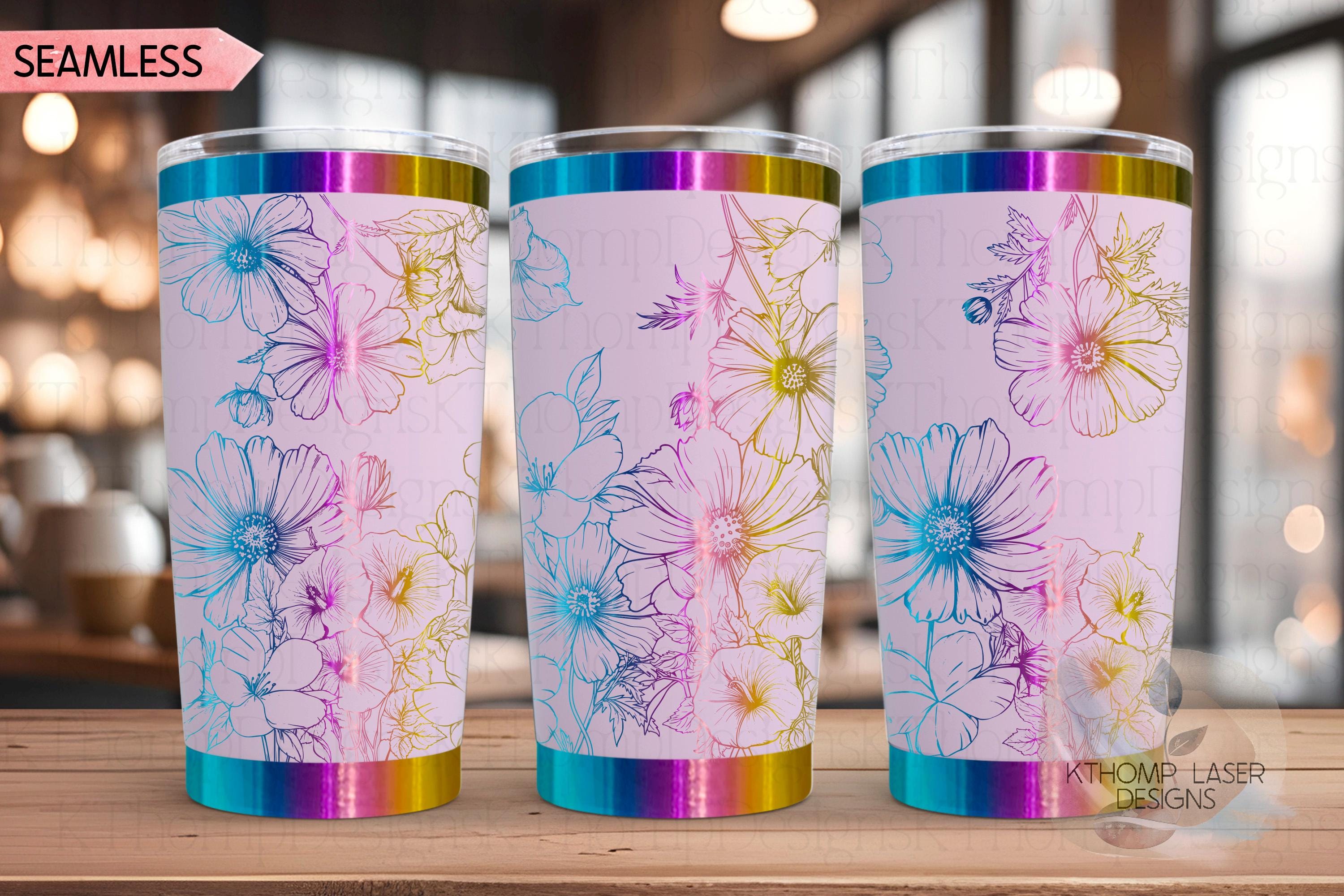 Cosmos Morning Glories & Violets Floral Tumbler Wrap SVG | 20oz and 30oz Laser Engraving File | Rotary Digital Design | Floral SVG Design