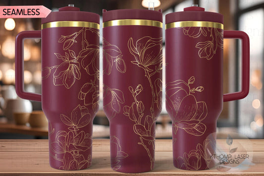 Spring Magnolias Floral Tumbler Wrap SVG | 40oz Laser Engraving File | Rotary Engrave Digital Design | Floral SVG Design