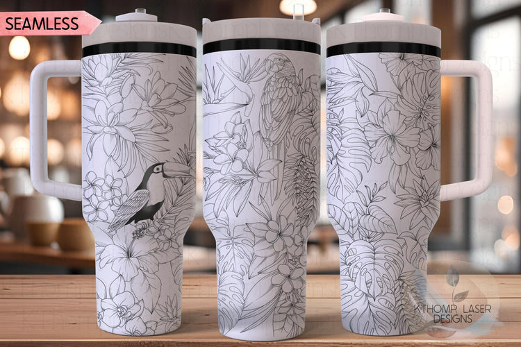 Tropical Plants and Birds Tumbler Wrap SVG | 40oz Laser Engraving File | Rotary Engrave Digital Design | Floral SVG Design