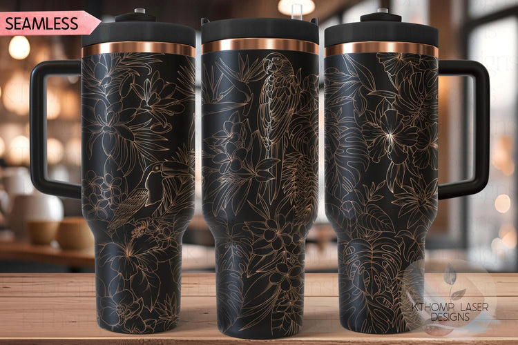 Tropical Plants and Birds Tumbler Wrap SVG | 40oz Laser Engraving File | Rotary Engrave Digital Design | Floral SVG Design