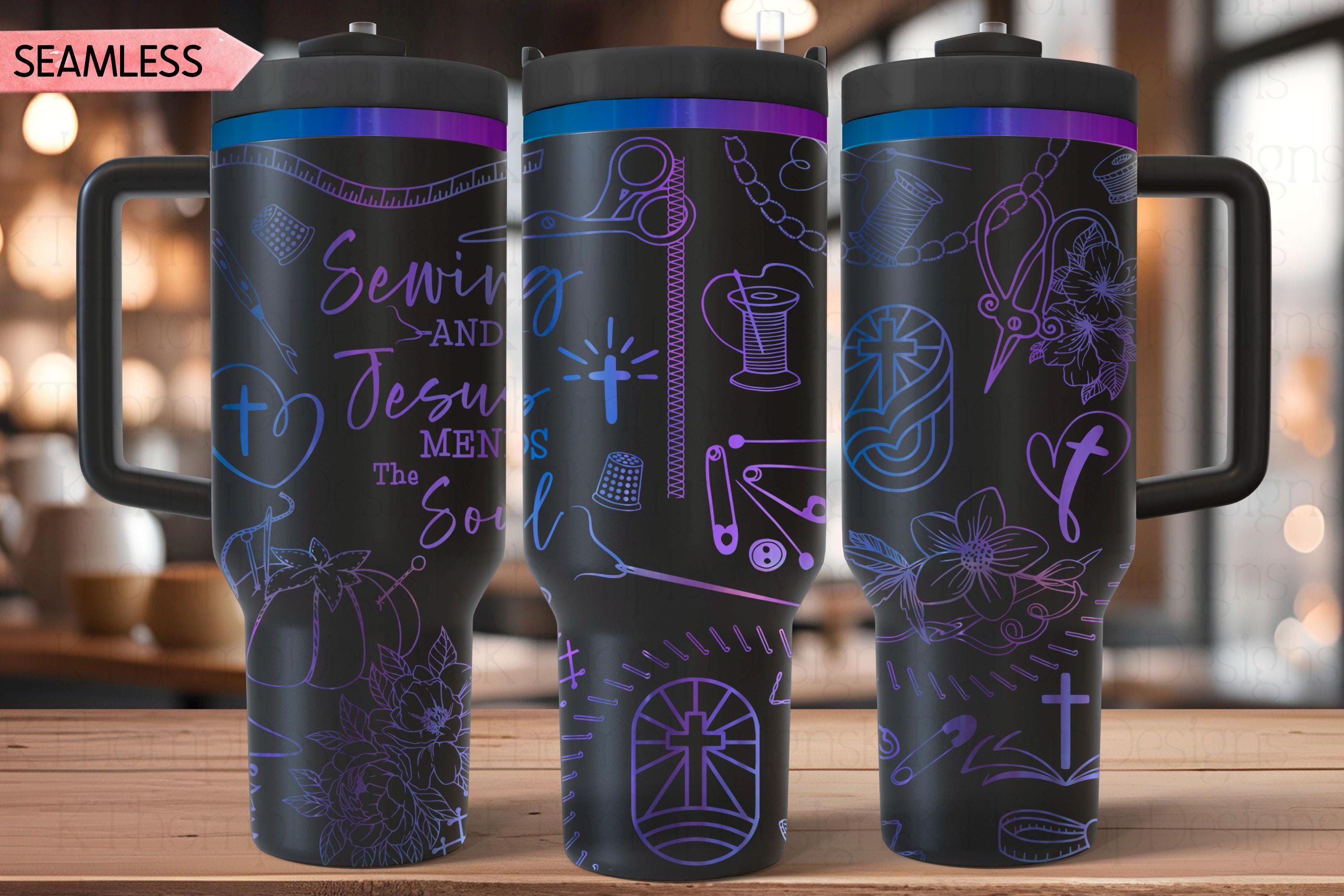 Sewing & Jesus Mends The Soul Tumbler Wrap SVG | 40oz Laser Engraving File | Rotary Ready Digital Design | Support Awareness SVG