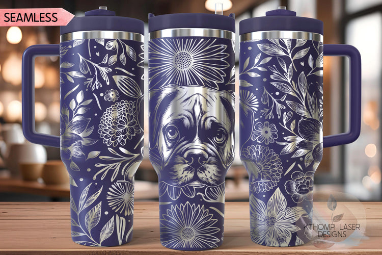 Floral Boxer Dog Tumbler Wrap SVG, 40oz Laser Engraving File, Rotary Ready Digital Design, Pet Lover Gift