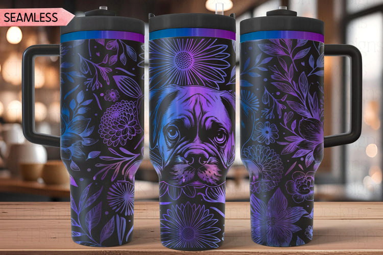 Floral Boxer Dog Tumbler Wrap SVG, 40oz Laser Engraving File, Rotary Ready Digital Design, Pet Lover Gift