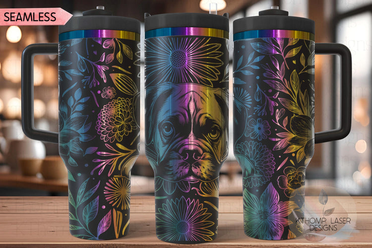 Floral Boxer Dog Tumbler Wrap SVG, 40oz Laser Engraving File, Rotary Ready Digital Design, Pet Lover Gift