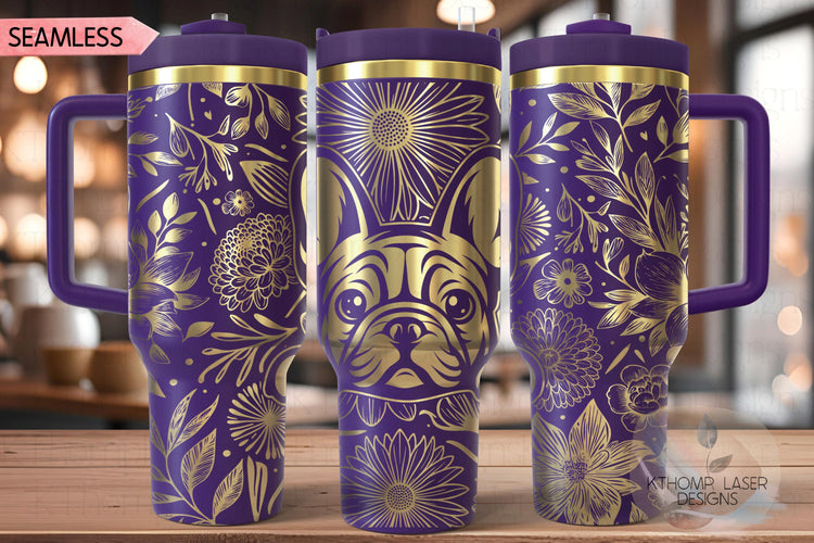 Floral Frenchie Tumbler Wrap SVG, French Bulldog 40oz Laser Engraving File, Rotary Ready Digital Design, Pet Lover Gift