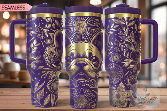 Floral French Bulldog Tumbler Wrap SVG, Frenchie 40oz Laser Engraving File, Rotary Ready Digital Design, Pet Lover Gift