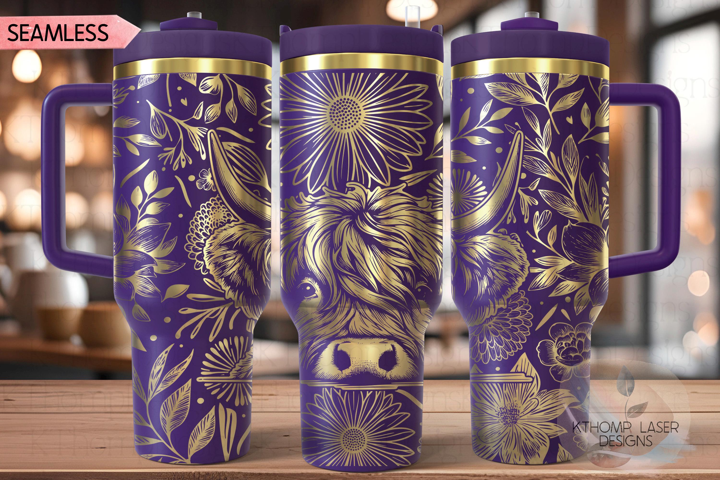 Floral Highland Cow Tumbler Wrap SVG, 40oz Laser Engraving File, Rotary Ready Digital Design, Western Farm SVG