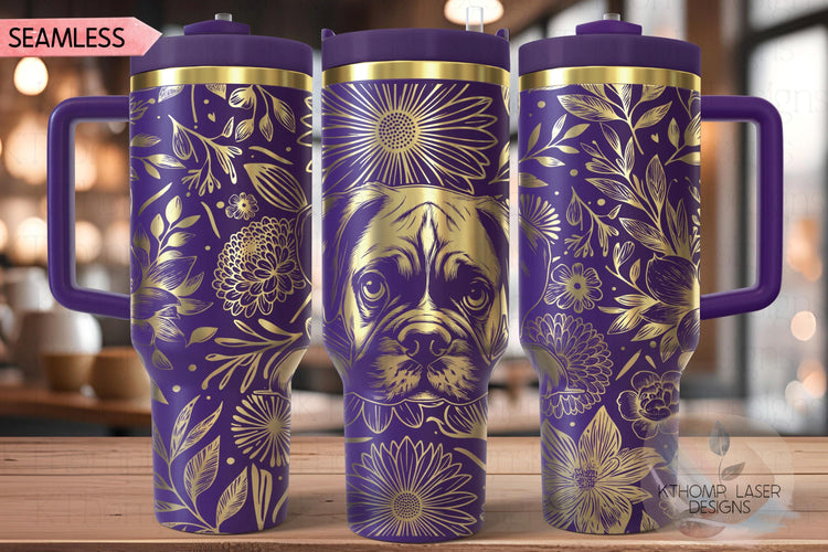 Floral Boxer Dog Tumbler Wrap SVG, 40oz Laser Engraving File, Rotary Ready Digital Design, Pet Lover Gift