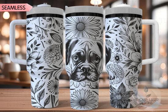 Floral Boxer Dog Tumbler Wrap SVG, 40oz Laser Engraving File, Rotary Ready Digital Design, Pet Lover Gift