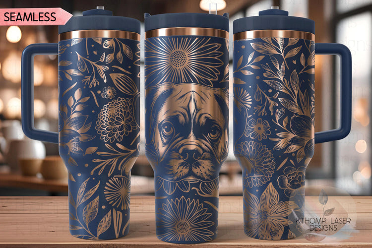 Floral Boxer Dog Tumbler Wrap SVG, 40oz Laser Engraving File, Rotary Ready Digital Design, Pet Lover Gift